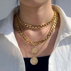 Vintage Multi-layer Gold Chain Choker Necklace For Women Coin Butterfly Pendant Fashion Portrait Chunky Chain Necklaces Jewelry2849