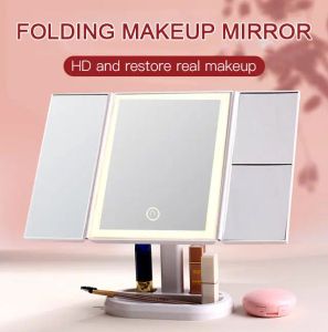거울 1/2/3x 돋보기 LED 메이크업 거울 데스크탑 접이식 거울 램프 LED 미러 미러 스마트 트리 콜러 라이트 조절 가능