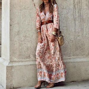 Casual Dresses Women Spring Summer Dress Bohemian Floral Print Long Sleeve V Neck Ankel längd Löst a-line tight midja Lady Maxi med Be