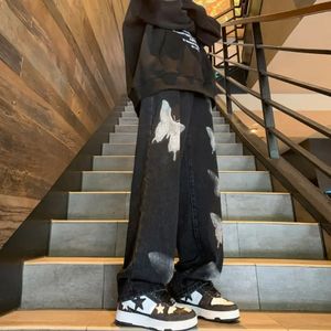Amerikan kelebek siyah jean erkek y2k retro cadde moda geniş bacak pantolon rahat gevşek düz bol kot sokak kıyafetleri 240124