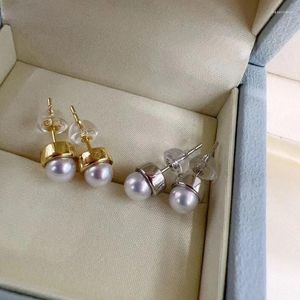 Studörhängen S925 Sterling Silver Gold Bean Natural Freshwater Pearl Liten och utsökta smycken Kvinnors texturgåva