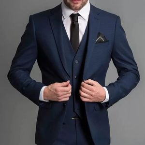 Ternos masculinos azuis marinhos, slim fit, lapela entalhada, smoking de casamento, 3 peças, conjuntos sob medida, traje masculino de negócios, blazer, calças, colete 240125