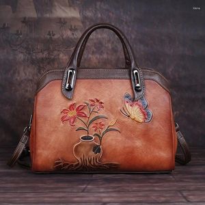 Borse da sera Borsa a spalla singola in pelle di vacchetta con strato superiore Borsa a mano floreale retrò stile cinese Colore pennello Borsa a mano da donna