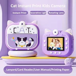 Fotocamera per bambini da 2,4 pollici con stampa istantanea 1080P Fotocamera digitale per bambini con carta per stampa a inchiostro zero Fotocamera per bambini di Natale Compleanno Giocattolo per gatti dei cartoni animati per bambini di 3-12 anni