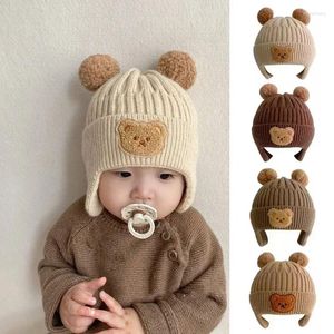 Береты, зимняя детская шапочка, вязаная шапка с защитой ушей с изображением медведя для маленьких мальчиков и девочек, милые корейские теплые детские вязаные шапки