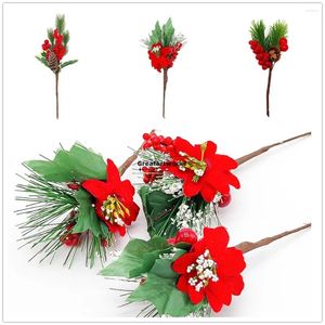 Flores decorativas 2/4 pçs ramo de baga de azevinho artificial frutas vermelhas flor pinha decoração árvore de natal ano festa diy buquê de casamento