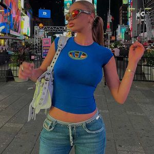 T-shirt da donna Ragazze Sexy Y2k Petto D Scolpito T-shirt estiva Maniche corte Girocollo Crop Top Abbigliamento donna Basic Blu Causale Streetwear T240129