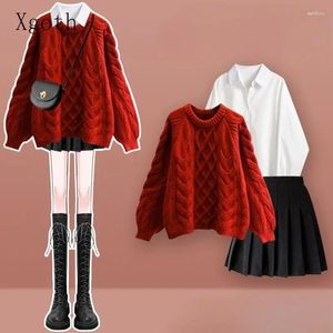 Work Dresses Women's Sets Red O-Neck Sweater White Turndown Collar Shirt Black Pleated Skirt Sweet Age Reduction Three Pieces Ladies