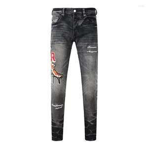 Erkekler kot cadde moda erkekler retro siyah gri streç sıska fit marka kaplan yamalı tasarımcı hip hop punk pantolon hombre