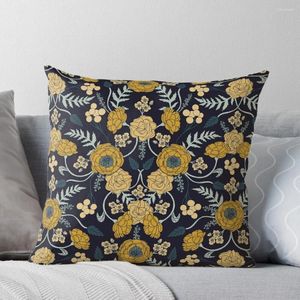 Kudde Navy Blue Turquoise Cream Mustard Yellow Dark Floral Mönster Kast S för dekorativ soffa soffa