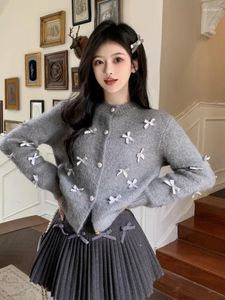 Kvinnors stickor adagirl Kawaii Bow Sticked Cardigan Women Button Up Crewneck Croped Sweaters Spring Autumn Long Sleeve Eesthetics Clothes