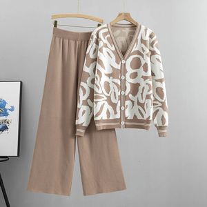 Conjunto de duas peças feminino outono inverno moda malha manga longa camisola lazer suor terno para mulher roupas de treino 240122
