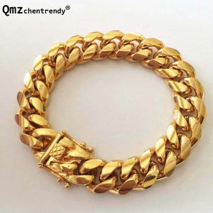 Bracelets Top Quality Stainless Steel Curb Cuban Chain Dragon Clasp Lock Men Bracelet Fashion Hip Hop Bangles Rocker Jewelry 8/10/12/14mm