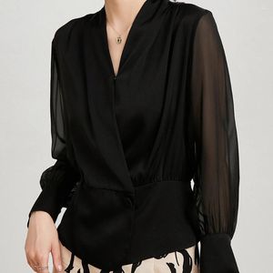 Женские блузки, элегантная осенняя женская черная одежда, винтажная повседневная рубашка с длинным рукавом и v-образным вырезом, модные базовые топы Femme