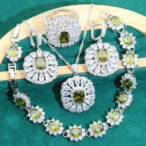 Halsband Nya ankomster Silver 925 smyckesuppsättningar för kvinnor olivgrön zirkonörhängen halsbandhänge ring armband dating gåvor