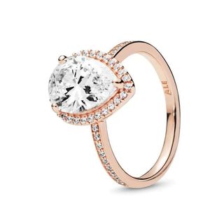 Echter Ring aus 18-karätigem Roségold, tropfenförmiger CZ-Diamantring, Originalbox-Stil, Hochzeit, Verlobung, Paarschmuck