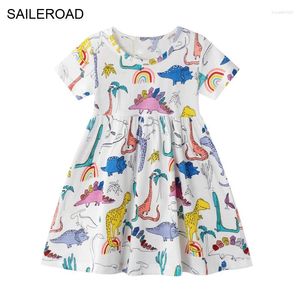 Flickklänningar Saileroad Dinosaur Print Girls Summer Dress Cotton Animal Applique Baby barn Kort ärm Little Clothes Vestidos