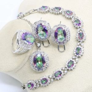 Necklace Natural Rainbow Zircon 925 Silver Wedding Jewelry Set for Women Bracelet Earrings Necklace Pendant Ring Gift Box