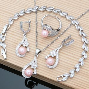 Alloy Pink Pearl Pärlor Silverfärgsmycken för kvinnor Bröllopörhängen/Pendant/Ringar/Zircon Stone Armband/Necklace Set