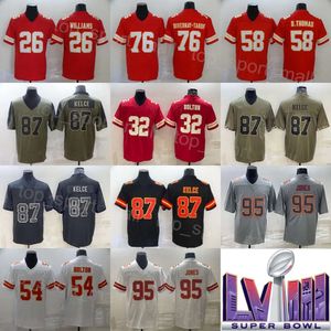 Futebol Super Bowls Jersey LVIII 95 Chris Jones 87 Travis Kelce 32 Nick Bolton 58 Derrick Thomas 26 Chris Williams Vintage Exército Saudação ao Serviço de Costura Intocável