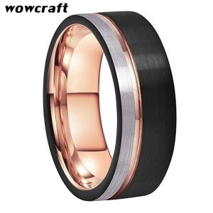 Spett 8mm volfram Men's Rings Black and Rose Gold Wedding Engagement Band Borsted Finish Fashion Jewelry Grooved Ring Size 5 to 15