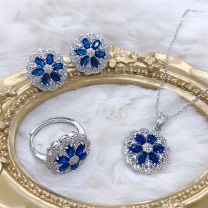 Colar temperamento forma redonda flor 925 conjuntos de jóias de prata brilho azul zircônia cúbica casamento anel de noivado brinco colar