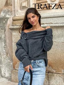Kadın Sweaters Trafza Sonbahar Moda Süvari Üstleri Koyu Gri Pileli Dekorasyon Omuz Kapalı Uzun Kollu Kadın Günlük Külot