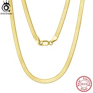 Necklace ORSA JEWELS 925 Sterling Silver 3mm Gold Flexible Flat Chain Herringbone Snake Chain Necklace for Women Neck Chain Jewelry SC35