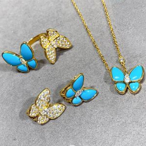 Setar lyxmärke smycken 925 Sterling Silver Blue Turquoise Butterfly Necklace Earrings Women's Set Fashion Temperament Party Gift