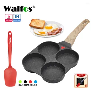 Pannor Walfos 4 Holes Egg Freying Pan Multifunktion Hamburger Steak Non Stick Högkvalitativ trähandtag Matlagning Njut av