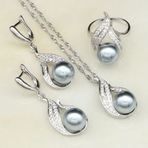 Halsband Gray Pearl White Cubic Zirconia Jewelry Set 925 Sterling Silver Bridal Jewelry for Women Earring/Ring/Pendant/Necklace