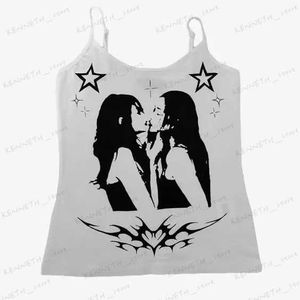 Tanques femininos Camis Splicing Sling carta impressão Tank Top Verão Branco Tops para Mulheres Backless Slim Sem Mangas Camisole Cropped Tops espartilho top 2000s T240129