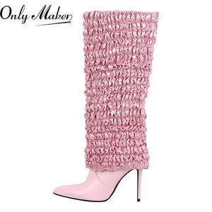 Boots Onlymaker Women Pointed Toe Pink Pleated Fold Over Boots Thin Heel Knee High BootsL2401