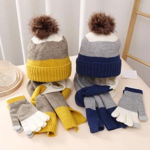 Running Sets 2024 Child Winter Hats With Fluff Lined Windproof Warm Gloves Outdoor Neck Protection Scarves Set Thick Knitted Bonnets For