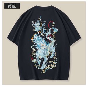 2023 Summer New Heavy Industry Kirin Embroidery Cotton Short Sleeve T-shirt Men's Loose Large China-chic Chinese Style Men