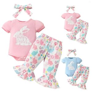 Conjuntos de roupas Bebê Menina Smocked Romper Bonito Manga Curta Triângulo Hoodie Impressão Completa Calças Flared Set Roupas Nascido Longo Presente