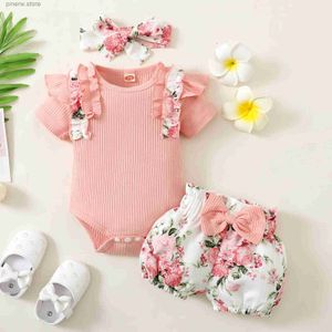 Set di abbigliamento 0-2 anni neonata estiva rosa girocollo in pizzo manica corta con pantaloncini con fiocco stampato a fiori vestito carino