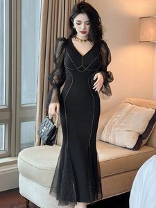 Casual Dresses Elegant Prom Long Dress For Women Perspective Mesh Spliced Gold Silk Embroidery Fishtail Robe Flare Sleeve Elastic Party