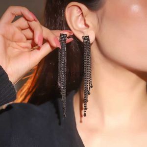 Stud Fyuan Fashion Long Tassel droppörhängen för kvinnor svart strass dinglar örhänge bröllopsfest smycken yq240129