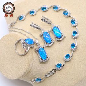 Strängar lyx 925 silverblå opal brud smycken set ringar örhängen armband hänge bröllop halsband för kvinnor