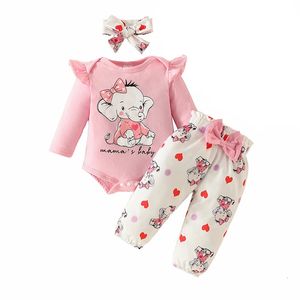 3PCS Baby Girl Sets Cartoon Elephant Printing Bodysuits Długie rękawie Onesies Top Elastyczne spodnie Trousers Niemowlęta 0-18 miesięcy 240119