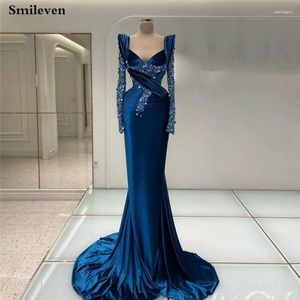 Partykleider Smileven Blau Saudi-Arabien Meerjungfrau Abend Langarm Perlen Kristall Samt Abendkleid Modern 2024