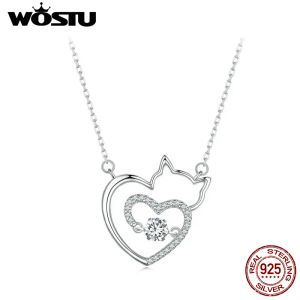 Kolye Wostu Güzel Kedi Kalp Zinciri Kolye Kadınlar İçin 925 STERLING Gümüş Parlak Zirkon Kitty Bağlantıları Kız Takı Doğum Günü Partisi Hediye
