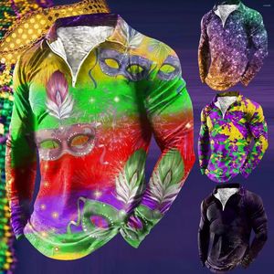 Men's T Shirts Mardi Gras Men 2024 Spring And Summer Zipper Carnival Long Sleeve Lapel Full Print Holiday Celebration Shirt