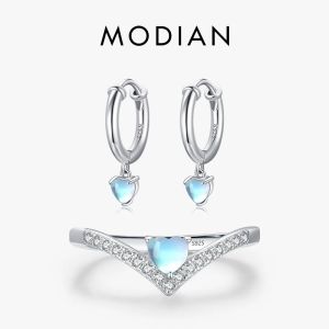 Define Modian Real 925 Sterling Silver Hearts Luonstone Brincos de moda de moda anéis requintados para mulheres conjuntos de jóias presentes de aniversário