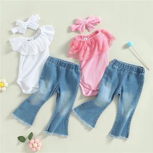 Set di abbigliamento Moda Estate Nato per bambini Neonate Vestiti Pagliaccetto a costine e pantaloni svasati in denim elasticizzato Fascia per capelli Set da 3 pezzi