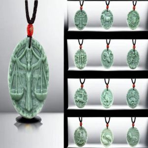 Hängen Jade Zodiac Pendant Green Necklace Gemstone Amulets smycken Stone Natural Halsband kinesiska man verklig talismans lyx