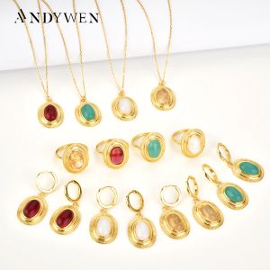Sets ANDYWEN 925 Sterling Silver Transparent Turquoise Ovals Drop Earring Ring Necklace Jewelry Set Rock Punk 2020 Fine Jewelry