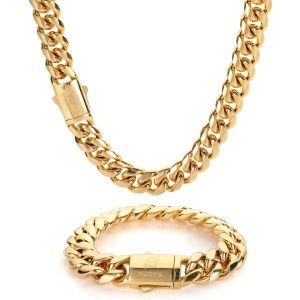 Colares Hip Hop 18k Ouro PVD Banhado Colar de Aço Inoxidável Snap Fecho Homens Miami Cuban Link Chain Jóias para Presente