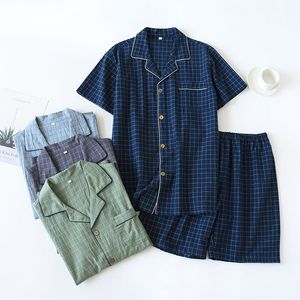 Pijamas de casal, shorts de manga curta femininos, algodão puro, roupas de casa masculina xadrez japonesa fina de verão, conjunto casual de tamanho grande